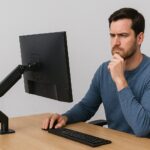 モニターを見て何か悩んでいる男性