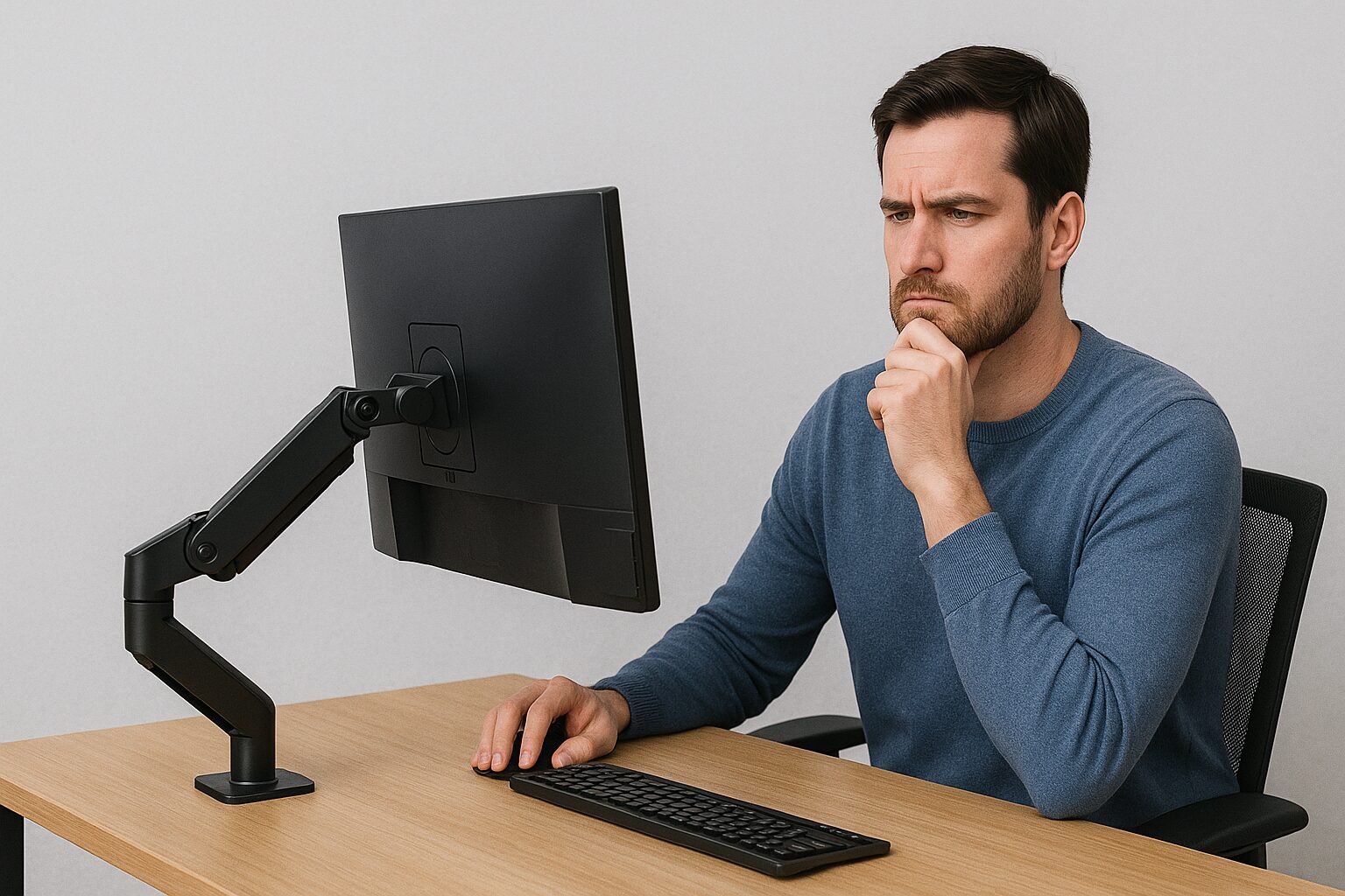 モニターを見て何か悩んでいる男性