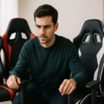 色々なゲーミングチェアに囲まれている男性