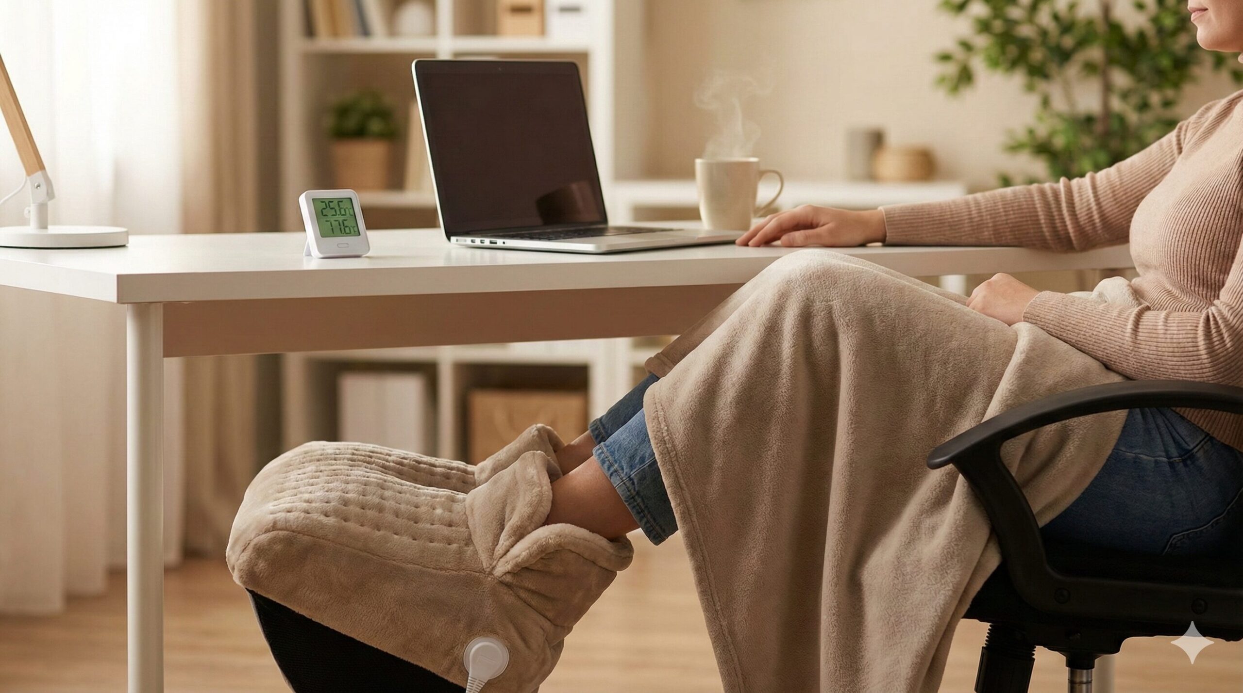 木目調のテーブルの上に置かれたパネルヒーター、電力計、電卓、コインの真俯瞰ショット。暖房器具の電気代や経済的な選び方をイメージした写真。