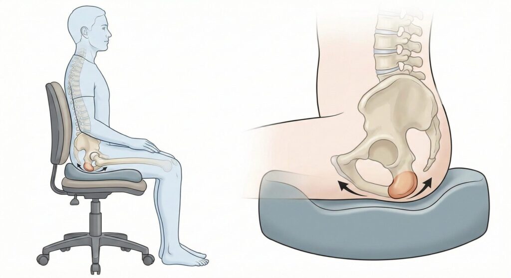 椅子に座った際の骨盤と坐骨の位置関係を示す解剖学的なイラスト。正しい姿勢とクッションによる体圧分散のメカニズムの解説図。