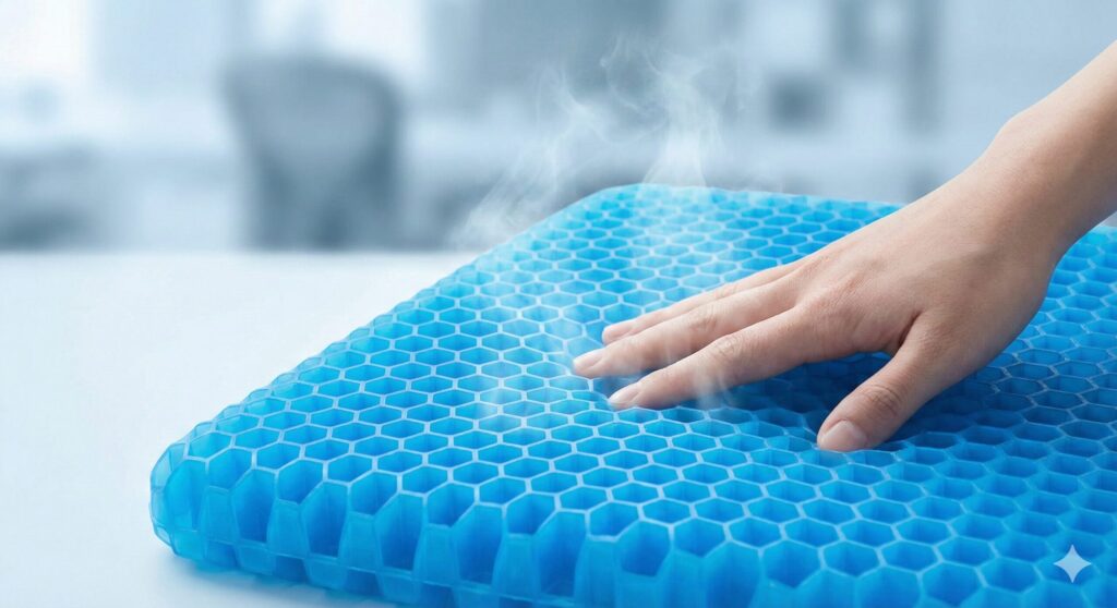 蒸れにくさを表現した青いハニカム構造のジェルクッションのアップ。手で触れた時の質感と、空気の通り道を示す通気イメージ。