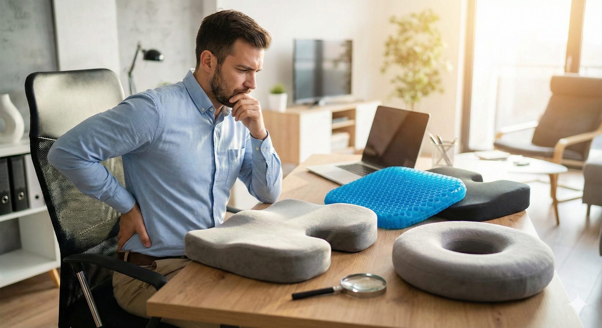 デスクでお尻の痛みに悩む男性と、机の上に並べられたジェルタイプ・低反発・円座など複数のデスクワーク用クッションの比較イメージ。