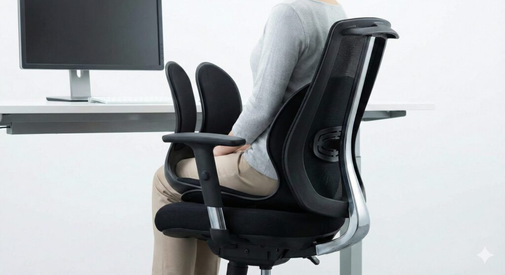 デスクチェアの上に置かれた黒い骨盤サポートチェア(姿勢矯正座椅子)に座り、背筋を伸ばして作業をする人の様子
