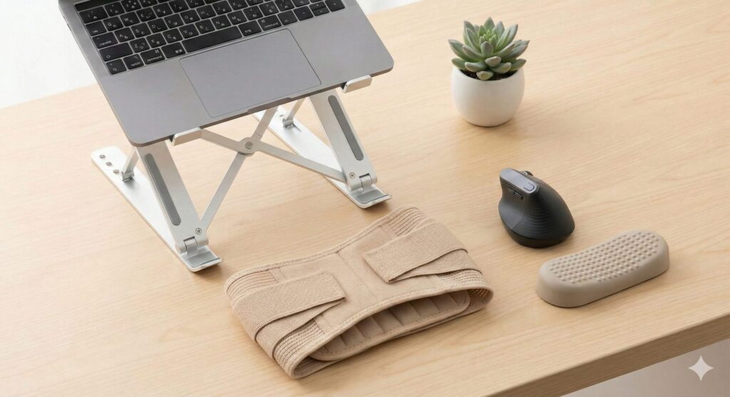 木目調のデスクに配置されたノートパソコンスタンド、ベージュの猫背矯正ベルト、エルゴノミクスマウスなどのデスクワーク便利グッズ