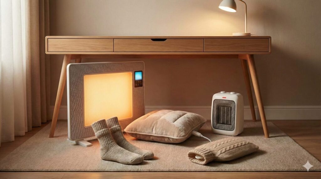 デスクの下に配置された足元暖房グッズのイメージ。暖かく光るパネルヒーター、厚手のウール靴下、電気足温器、小型ファンヒーターがラグの上に並んでいる様子。